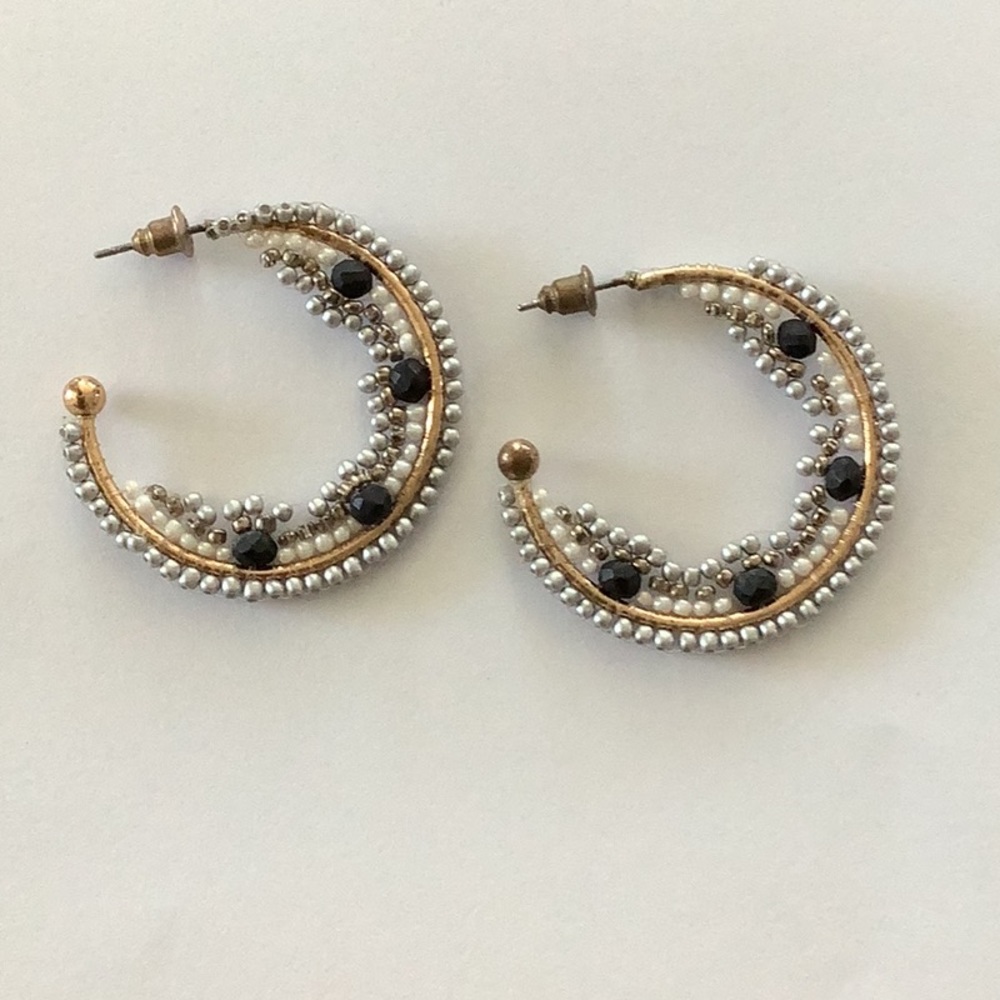 Hoop earrings, Black silver gold and white beads